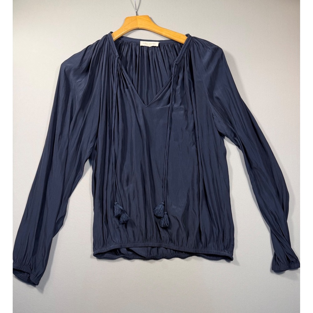Ramy Brook Navy Blue Pleated V-Neck Tassel Peasant Blouse Top